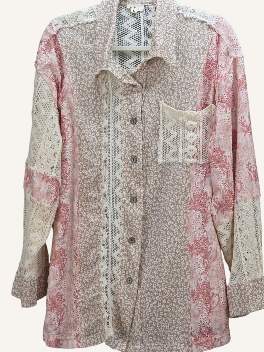 POL Floral Crochet Lace Oversized Button Down Blouse Pink Large